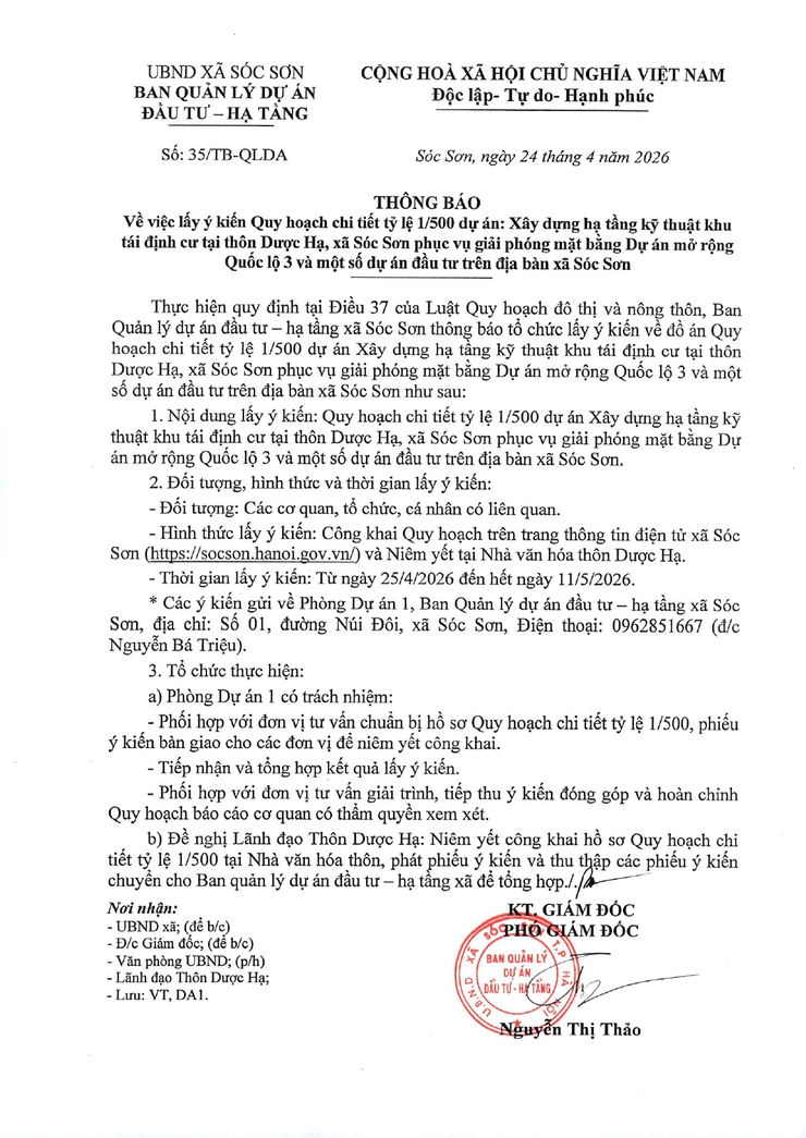 THÔNG BÁO LẤY Ý KIẾN QUY HOẠCH CHI TIẾT TỶ LỆ 1/500 DỰ ÁN XÂY DỰNG HTKT KHU TÁI ĐỊNH CƯ THÔN DƯỢC HẠ, PHỤC VỤ GPMB DỰ ÁN MỞ RỘNG QUỐC LỘ 3 VÀ MỘT SỐ DỰ ÁN ĐẦU TƯ TRÊN ĐỊA BÀN XÃ SÓC SƠN- Ảnh 1.