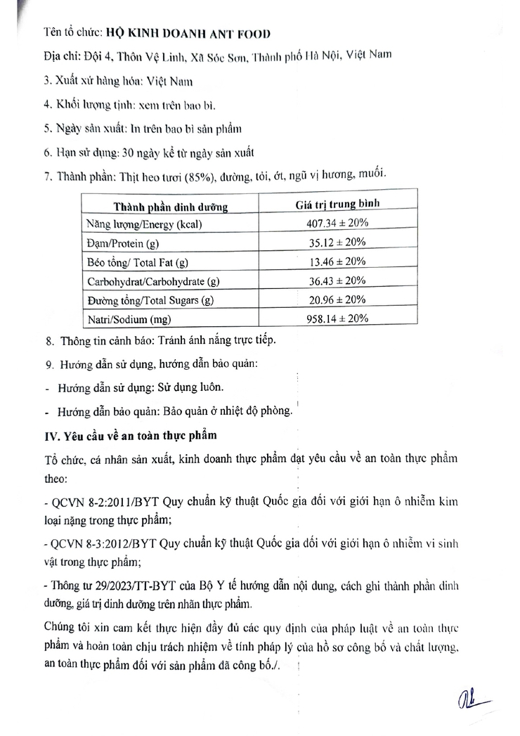 HỘ KINH DOANH ANT FOOD CÔNG KHAI BẢN TỰ CÔNG BỐ CHẤT LƯỢNG SẢN PHẨM- Ảnh 2.