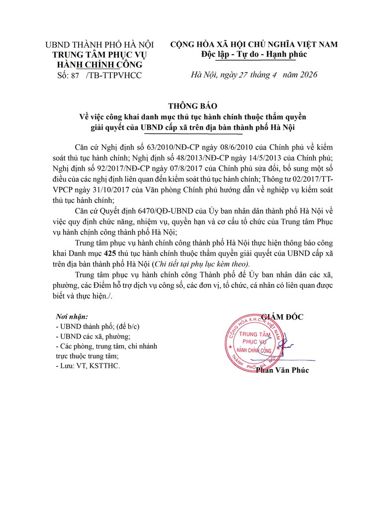 Thông báo về việc công khai danh mục thủ tục hành chính thuộc thẩm quyền giải quyết của UBND cấp xã trên địa bàn thành phố Hà Nội- Ảnh 1.