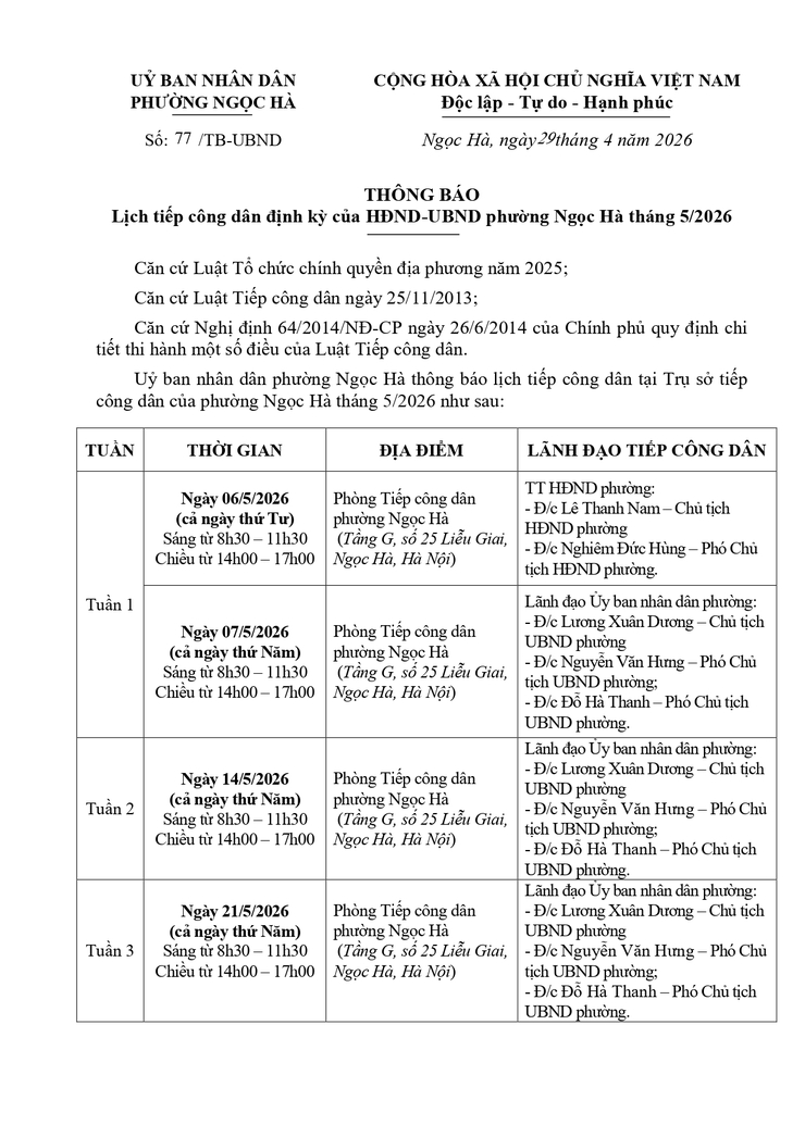 Lịch tiếp công dân định kỳ của HĐND-UBND phường Ngọc Hà tháng 5/2026- Ảnh 1.