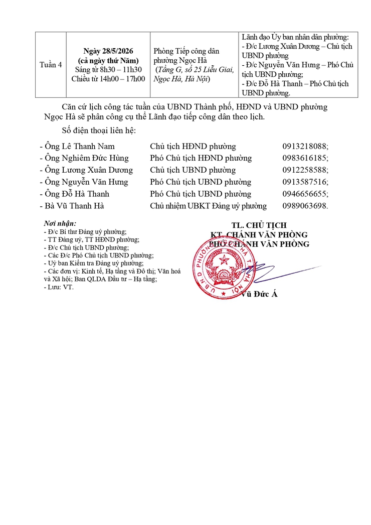 Lịch tiếp công dân định kỳ của HĐND-UBND phường Ngọc Hà tháng 5/2026- Ảnh 2.