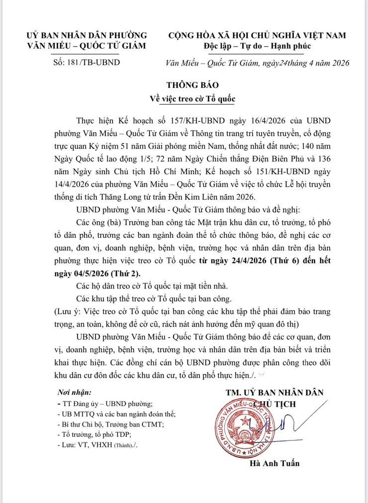 PHƯỜNG VĂN MIẾU – QUỐC TỬ GIÁM THÔNG BÁO TREO CỜ TỔ QUỐC CHÀO MỪNG CÁC NGÀY LỄ LỚN CỦA ĐẤT NƯỚC VÀ LỄ HỘI TRUYỀN THỐNG ĐỀN KIM LIÊN NĂM 2026- Ảnh 1.