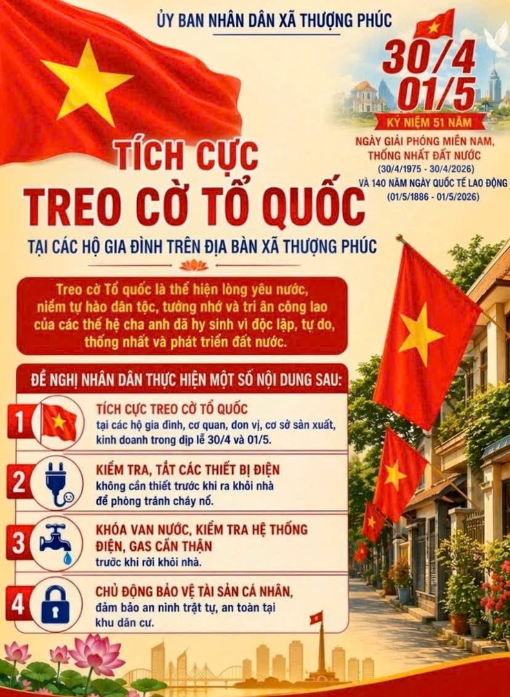 XÃ THƯỢNG PHÚC TÍCH CỰC TREO CỜ TỔ QUỐC CHÀO MỪNG KỶ NIỆM NGÀY GIẢI PHÓNG MIỀN NAM 30/4 VÀ NGÀY QUỐC TẾ LAO ĐỘNG 01/5- Ảnh 1.