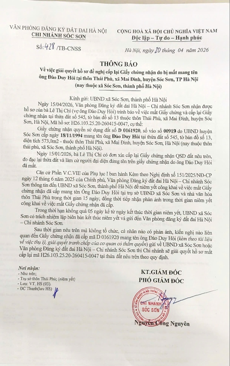 THÔNG BÁO GIẢI QUYẾT HỒ SƠ ĐỀ NGHỊ CẤP LẠI GCN DO BỊ MẤT MANG TÊN ÔNG ĐÀO DUY HỎI TẠI THÔN THÁI PHÙ, XÃ MAI ĐÌNH, HUYỆN SÓC SƠN, TP HÀ NỘI (NAY THUỘC XÃ SÓC SƠN, TP HÀ NỘI)- Ảnh 1.