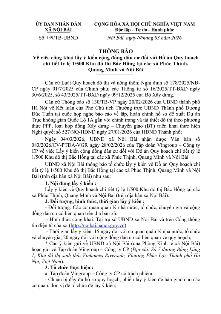Thông báo về việc công khai lấy ý kiến cộng đồng dân cư đối với Đồ án Quy hoạch chi tiết tỷ lệ 1/500 Khu đô thị Bắc Hồng tại các xã Phúc Thịnh, Quang Minh và Nội Bài- Ảnh 1.