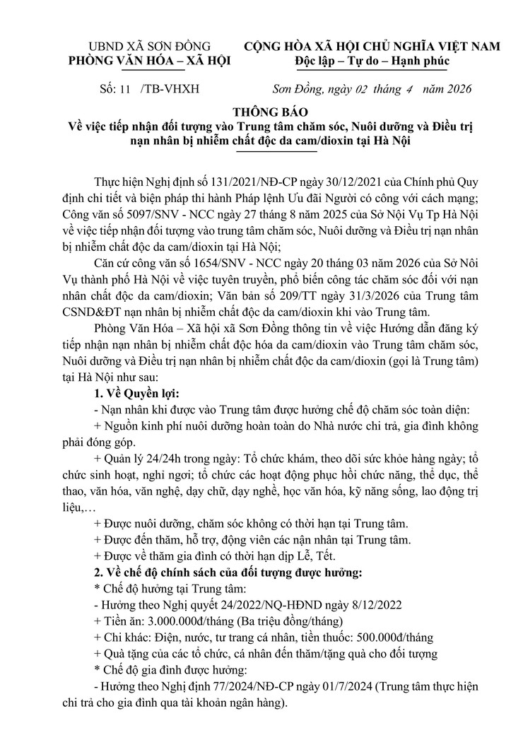 Thông báo tiếp nhận đối tượng vào Trung tâm chăm sóc, nuôi dưỡng và điều trị nạn nhân nhiễm chất độc da cam/dioxin tại Hà Nội- Ảnh 1.