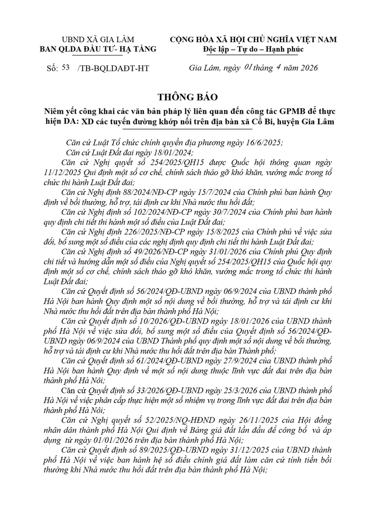 Thông báo niêm yết công khai các văn bản pháp lý liên quan đến công tác GPMB để thực hiện dự án.- Ảnh 1.