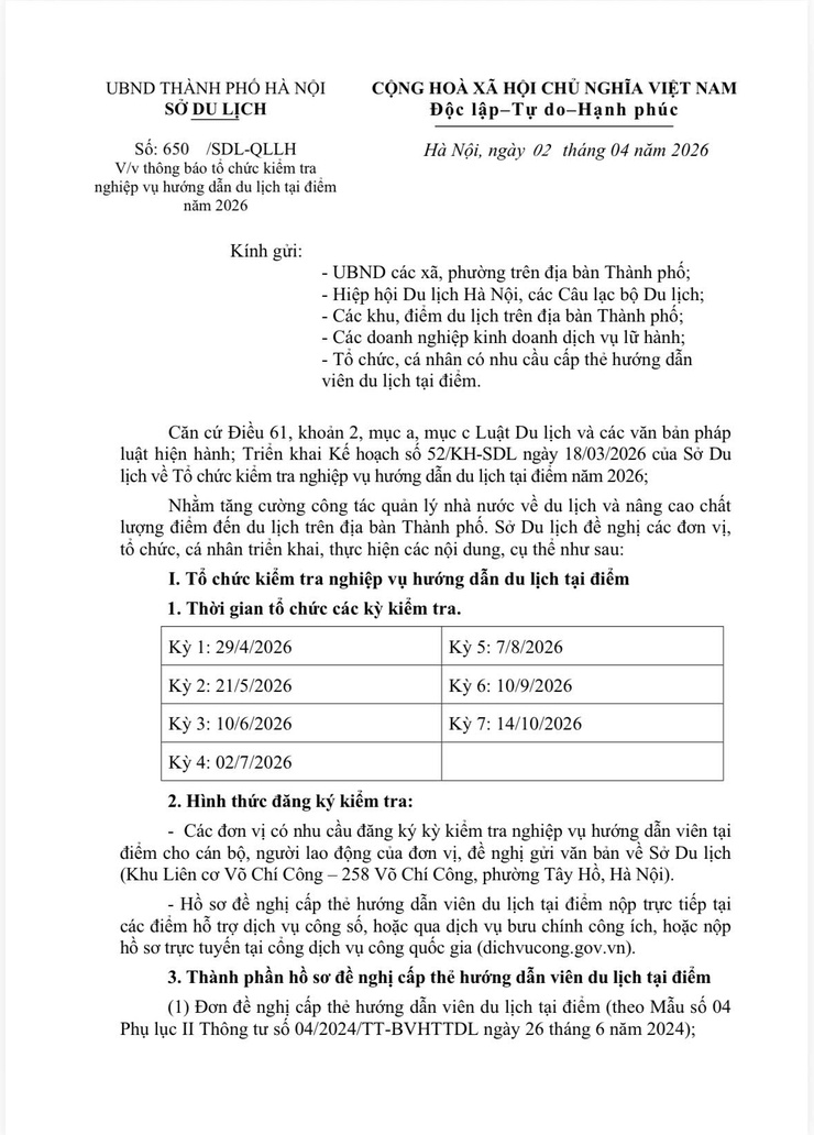 Thông báo tổ chức kiểm tra nghiệp vụ hướng dẫn du lịch tại điểm năm 2026- Ảnh 1.