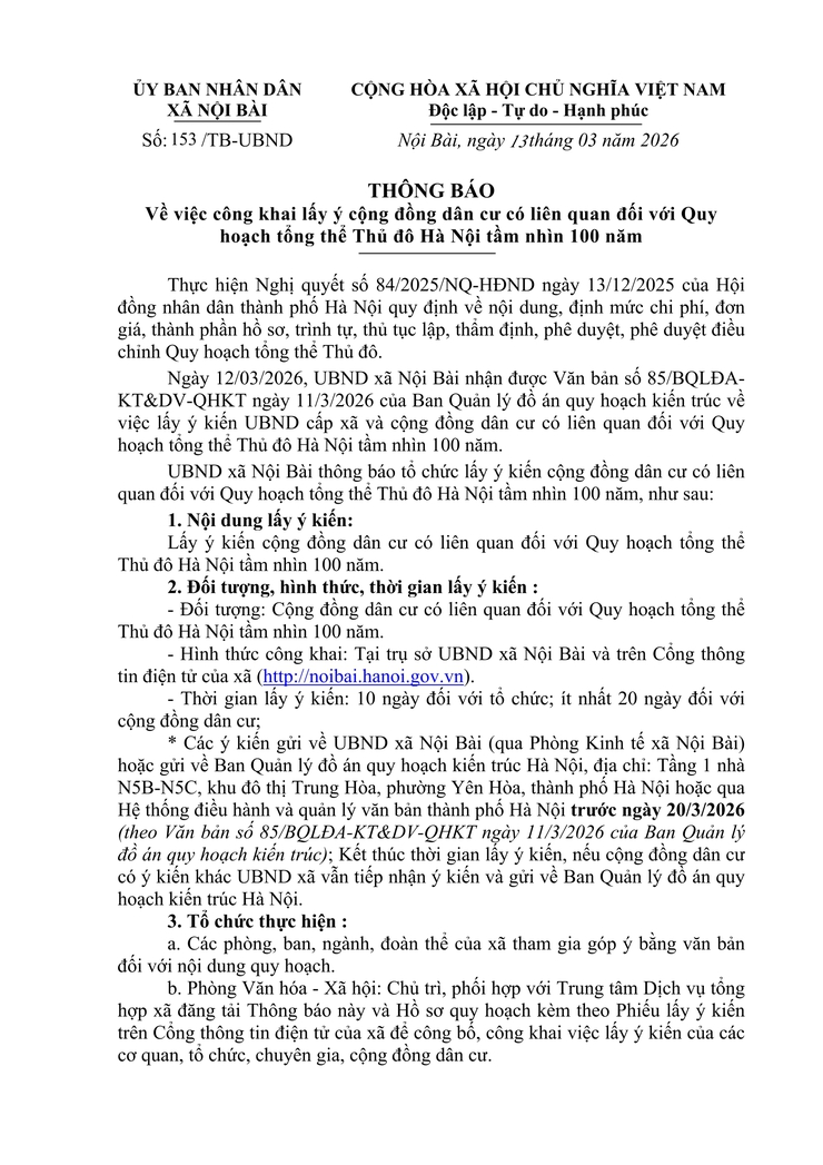 THÔNG BÁO Về việc công khai lấy ý cộng đồng dân cư có liên quan đối với Quy hoạch tổng thể Thủ đô Hà Nội tầm nhìn 100 năm- Ảnh 1.
