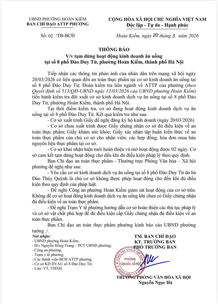 UBND phường Hoàn Kiếm thông báo tạm dừng hoạt động kinh doanh ăn uống tại 8 Đào Duy Từ, phường Hoàn Kiếm, chủ cơ sở: bà Đào Thuý Quỳnh do không đảm bảo an toàn thực phẩm theo quy định- Ảnh 1.