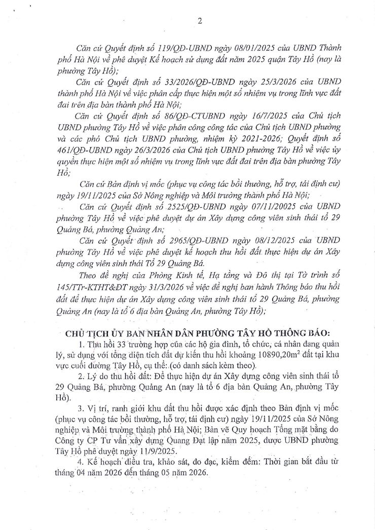 Thông báo thu hồi đất để thực hiện Dự án xây dựng xây dựng công viên sinh thái tổ 29 Quảng Bá, phường Quảng An (nay là tổ 6 địa bàn Quảng An, phường Tây Hồ) - Ảnh 2.