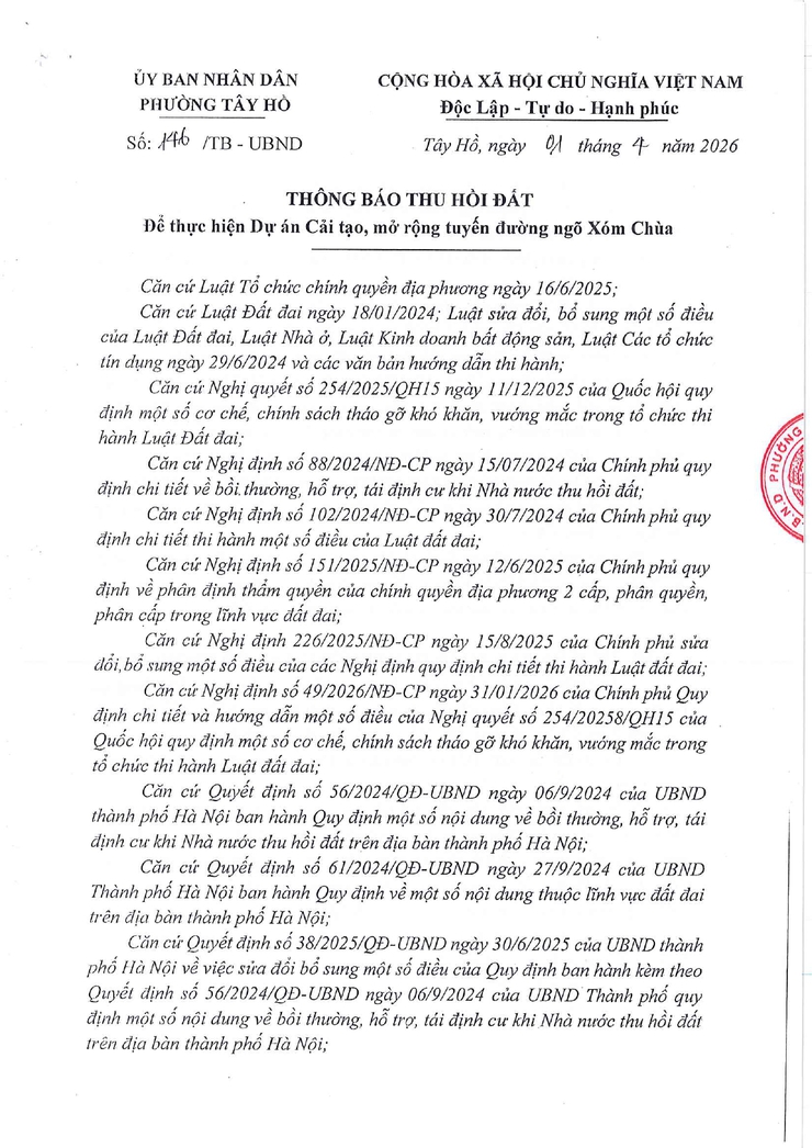 Thông báo thu hồi đất để thực hiện Dự án cải tạo, mở rộng tuyến đường ngõ Xóm Chùa- Ảnh 1.