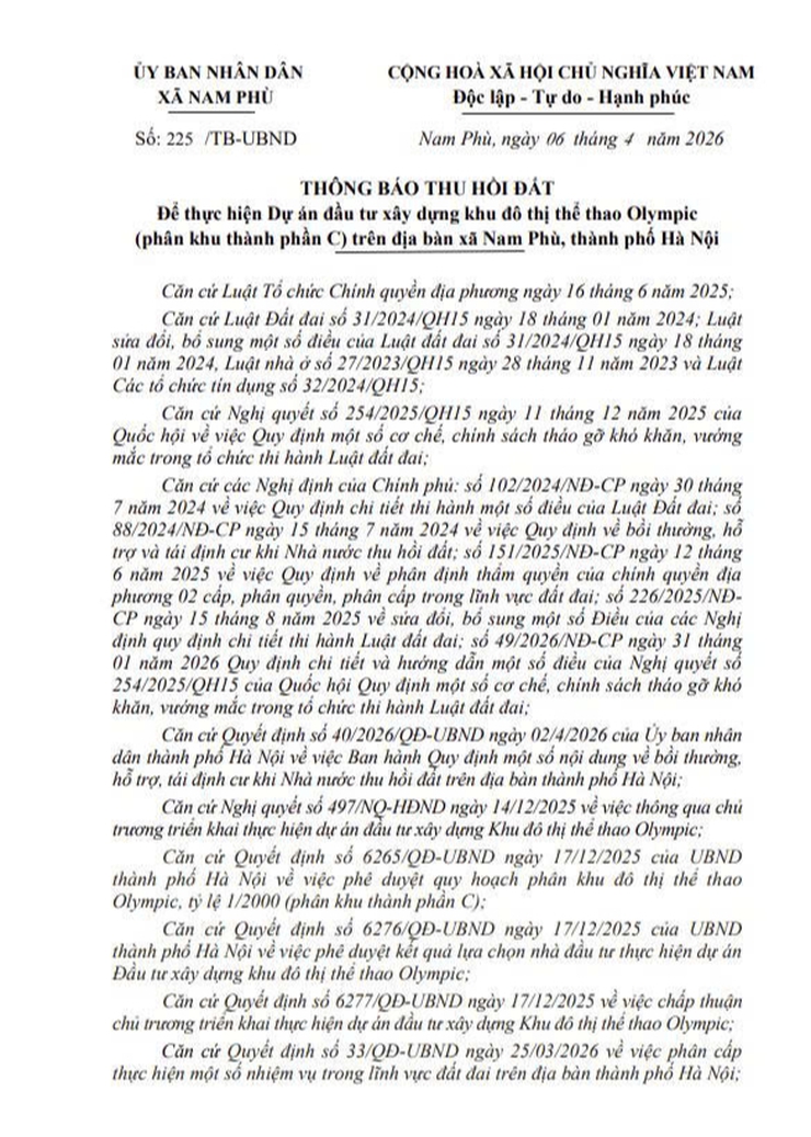 Thông báo số 225/TB-UBND ngày 06/4/2026 của UBND xã  Nam Phù- Ảnh 1.