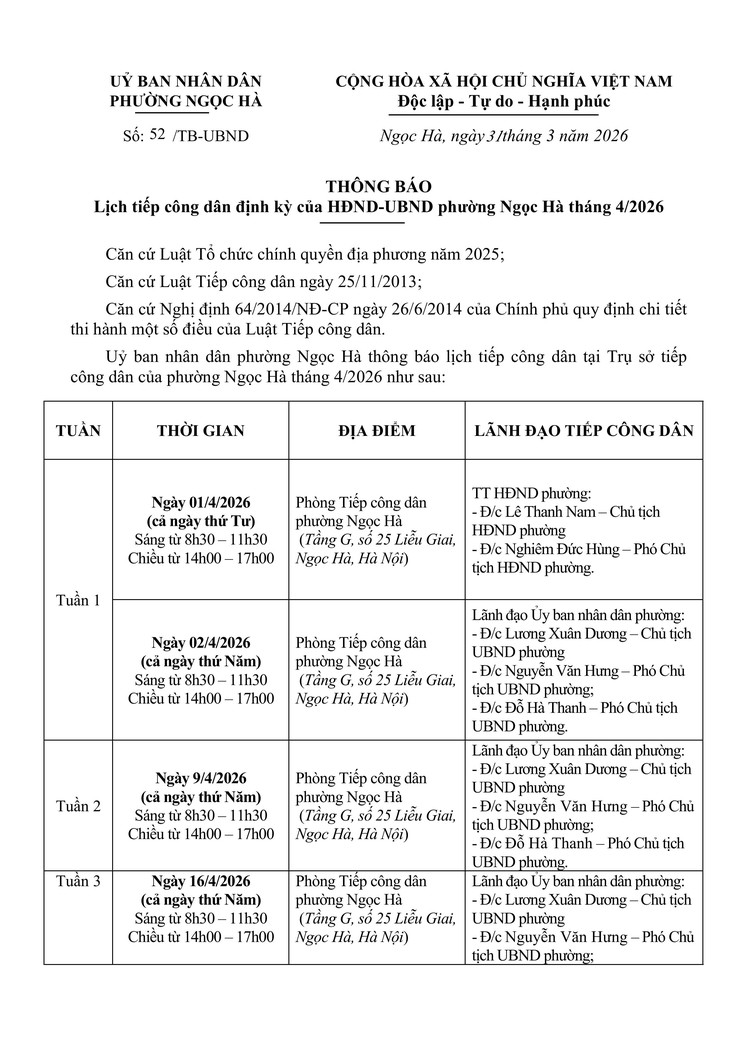 Lịch tiếp công dân định kỳ của HĐND-UBND phường Ngọc Hà tháng 4/2026- Ảnh 1.