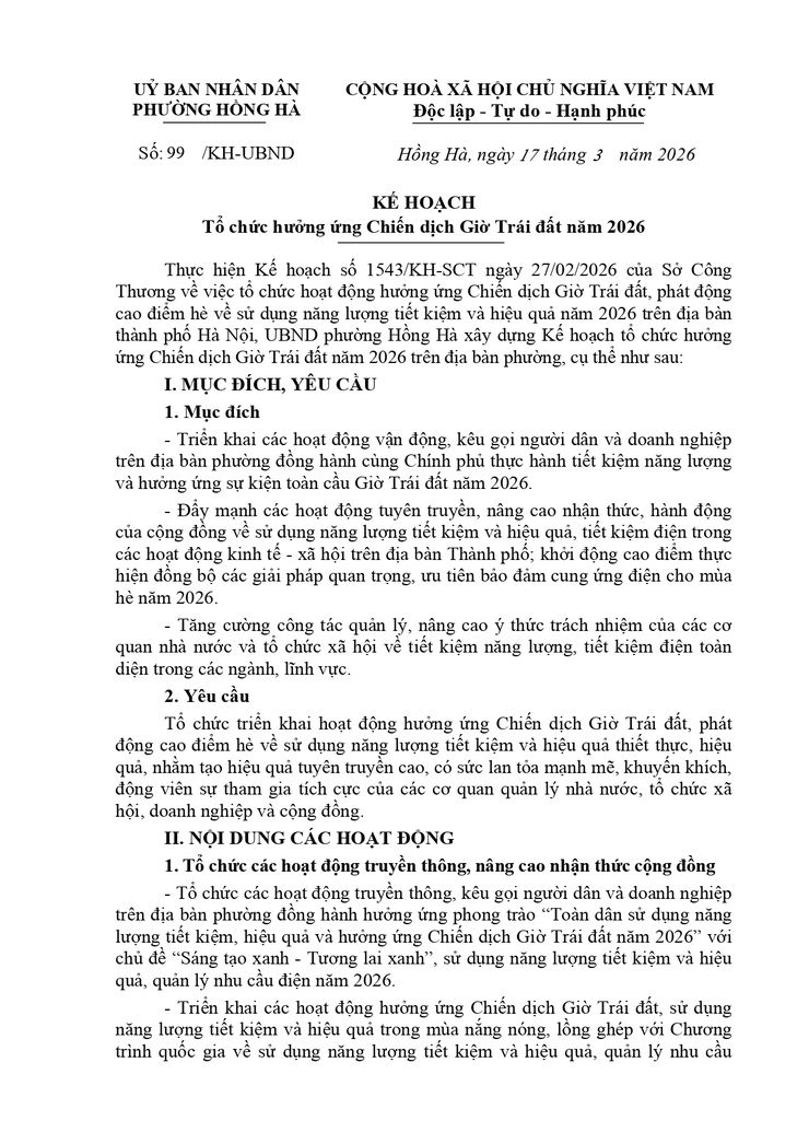 Phường Hồng Hà tích cực hưởng ứng Chiến dịch Giờ Trái đất năm 2026- Ảnh 1.