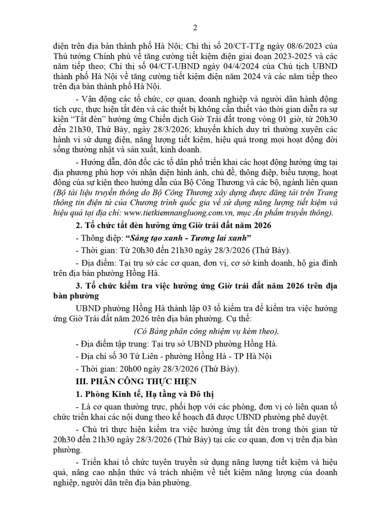 Phường Hồng Hà tích cực hưởng ứng Chiến dịch Giờ Trái đất năm 2026- Ảnh 2.