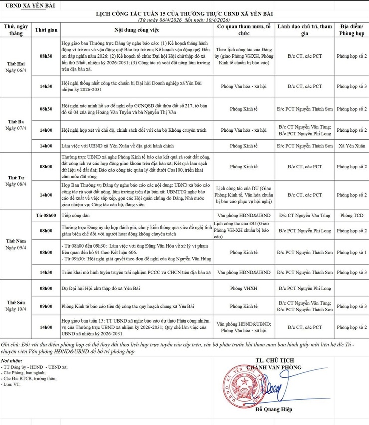 LỊCH CÔNG TÁC TUẦN CỦA THƯỜNG TRỰC UBND XÃ YÊN BÀI- Ảnh 1.