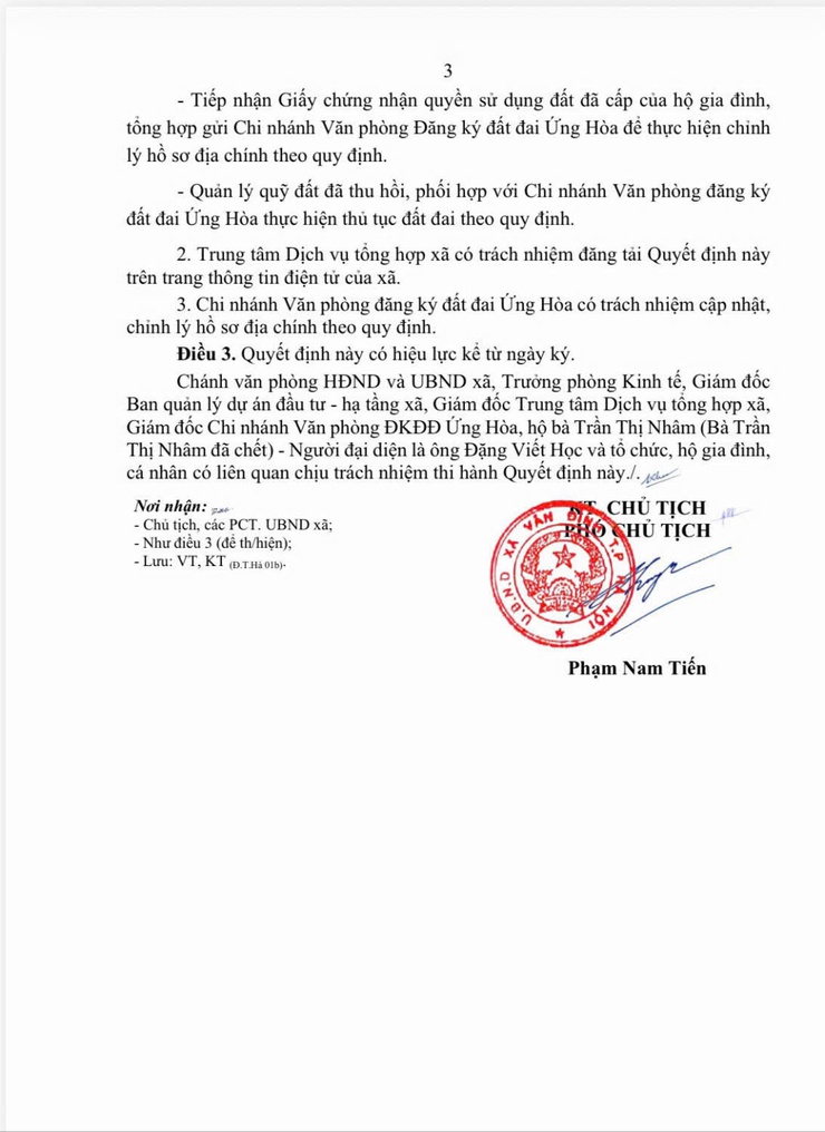 Quyết định về việc thu hồi 195,8m2 đất chuyên trồng lúa nước của hộ bà Trần Thị Nhâm (Bà Trần Thị Nhâm đã chết) - Người đại diện là ông Đặng Viết Học đang sử dụng đất tại thôn Hoàng Xá, xã Vân Đình để thực hiện dự án.- Ảnh 3.