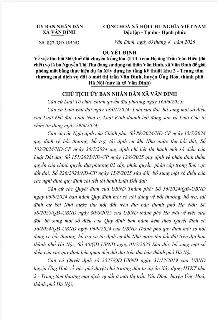 Quyết định về việc thu hồi 360,3m2 đất chuyên trồng lúa (LUC) của Hộ ông Trần Văn Hiếu (đã chết) vợ là bà Nguyễn Thị Thu đang sử dụng tại thôn Vân Đình, xã Vân Đình để giải phóng mặt bằng thực hiện dự án.- Ảnh 1.