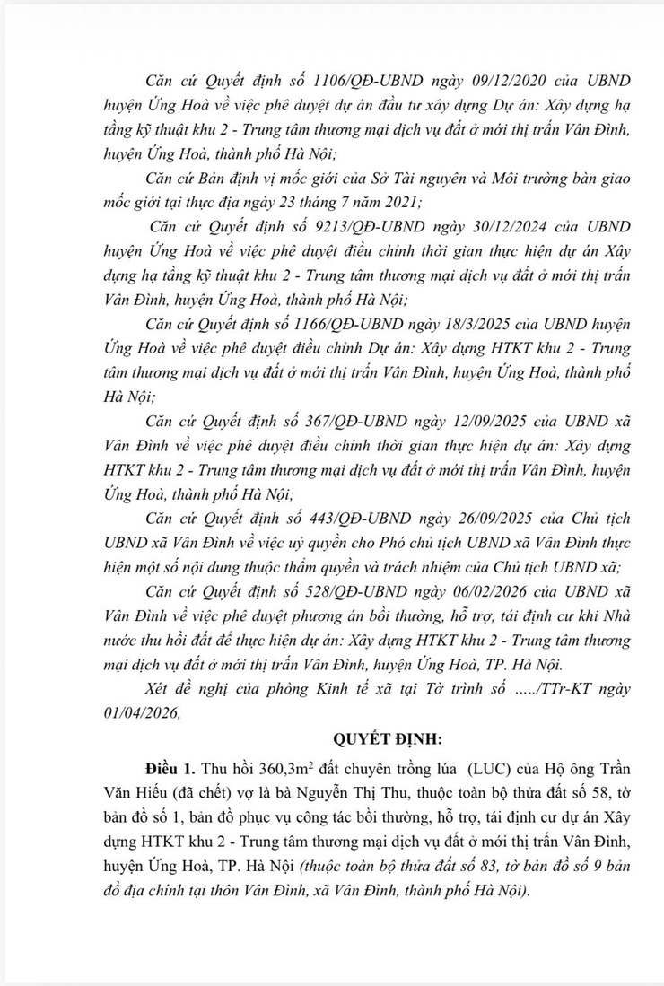 Quyết định về việc thu hồi 360,3m2 đất chuyên trồng lúa (LUC) của Hộ ông Trần Văn Hiếu (đã chết) vợ là bà Nguyễn Thị Thu đang sử dụng tại thôn Vân Đình, xã Vân Đình để giải phóng mặt bằng thực hiện dự án.- Ảnh 2.