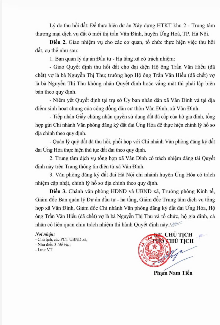 Quyết định về việc thu hồi 360,3m2 đất chuyên trồng lúa (LUC) của Hộ ông Trần Văn Hiếu (đã chết) vợ là bà Nguyễn Thị Thu đang sử dụng tại thôn Vân Đình, xã Vân Đình để giải phóng mặt bằng thực hiện dự án.- Ảnh 3.