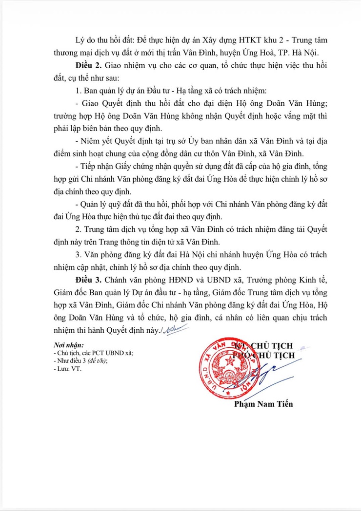 Quyết định về việc thu hồi 252,8m2 đất chuyên trồng lúa (LUC) của Hộ ông Doãn Văn Hùng đang sử dụng tại thôn Vân Đình, xã Vân Đình để giải phóng mặt bằng
thực hiện dự án Xây dựng hạ tầng kỹ thuật khu 2- Ảnh 3.