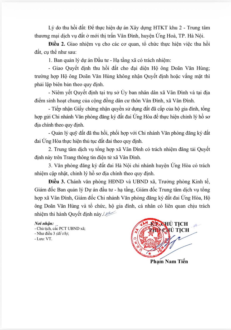 Quyết định về việc thu hồi 252,6m2 đất chuyên trồng lúa (LUC) của Hộ ông Doãn Văn Hùng đang sử dụng tại thôn Vân Đình, xã Vân Đình để giải phóng mặt bằng
thực hiện dự án Xây dựng hạ tầng kỹ thuật khu 2- Ảnh 3.