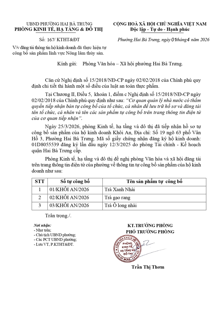 Công khai thông tin hộ kinh doanh đã thực hiện tự công bố sản phẩm lĩnh vực Nông lâm thủy sản trên địa bàn phường.- Ảnh 1.
