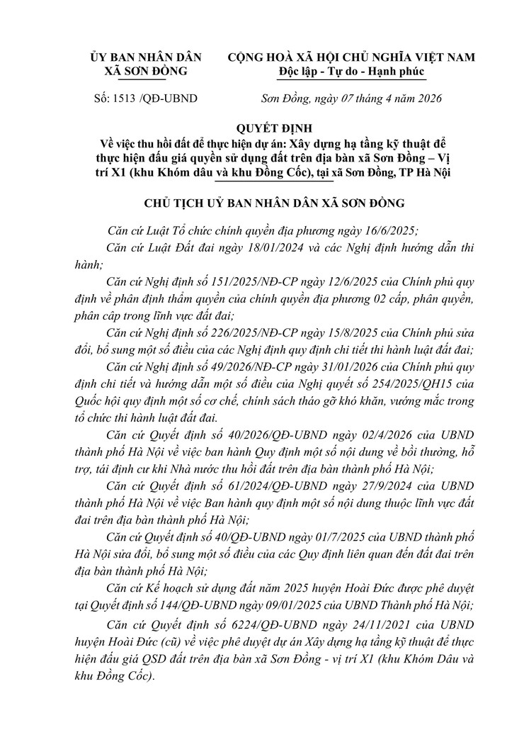 Quyết định về việc thu hồi đấy để thực hiện dự án trên địa bàn xã Sơn Đồng- Ảnh 1.
