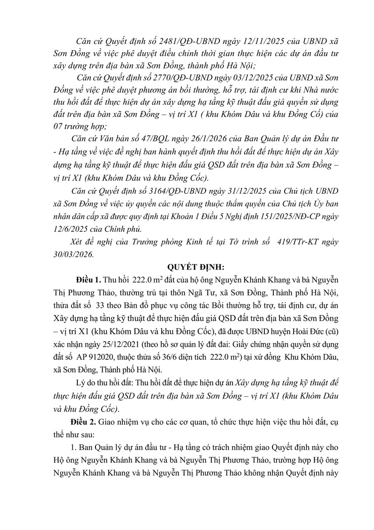 Quyết định về việc thu hồi đấy để thực hiện dự án trên địa bàn xã Sơn Đồng- Ảnh 2.