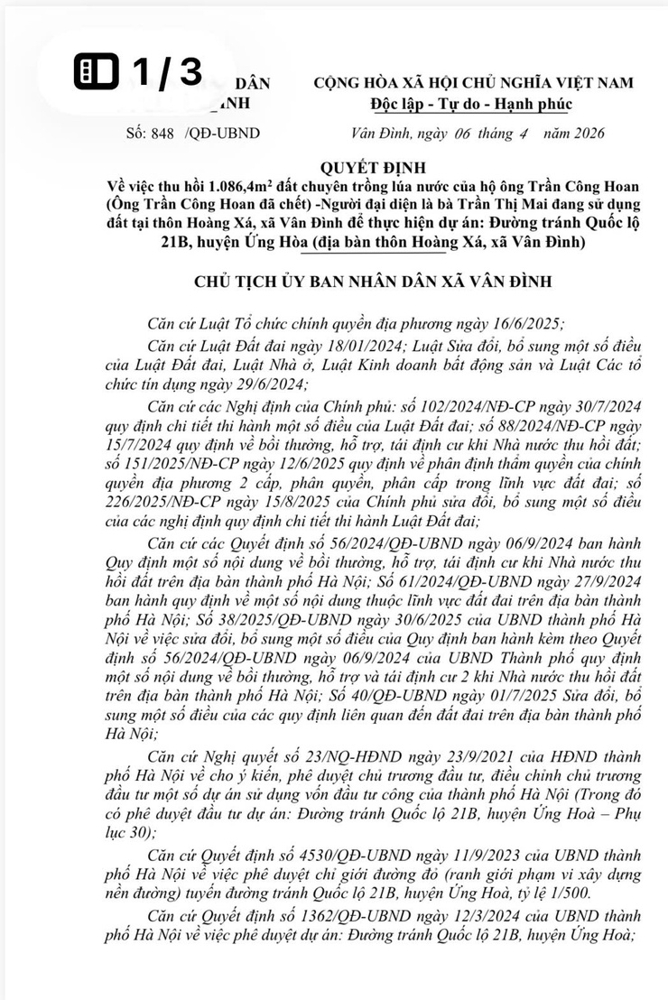Quyết định về việc thu hồi 1.086,4m2 đất chuyên trồng lúa nước của hộ ông Trần Công Hoan (Ông Trần Công Hoan đã chết) -Người đại diện là bà Trần Thị Mai đang sử dụng đất tại thôn Hoàng Xá- Ảnh 1.