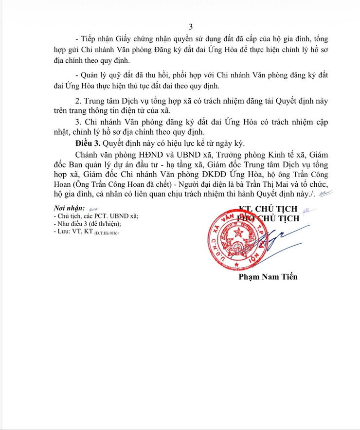 Quyết định về việc thu hồi 1.086,4m2 đất chuyên trồng lúa nước của hộ ông Trần Công Hoan (Ông Trần Công Hoan đã chết) -Người đại diện là bà Trần Thị Mai đang sử dụng đất tại thôn Hoàng Xá- Ảnh 3.