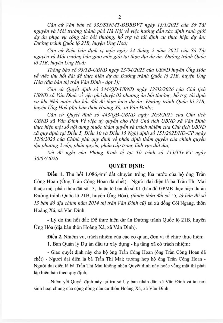 Quyết định về việc thu hồi 1.086,4m2 đất chuyên trồng lúa nước của hộ ông Trần Công Hoan (Ông Trần Công Hoan đã chết) -Người đại diện là bà Trần Thị Mai đang sử dụng đất tại thôn Hoàng Xá- Ảnh 2.