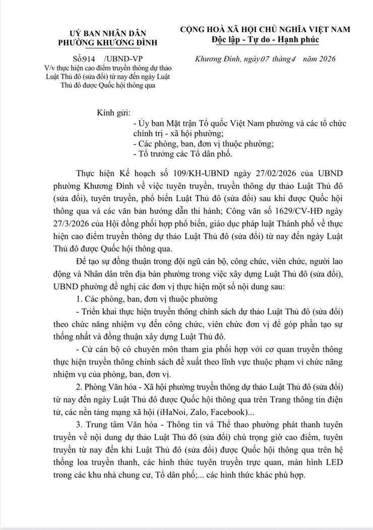 Phường Khương Đình thực hiện cao điểm truyền thông dự thảo Luật Thủ đô từ nay đến ngày Luật Thủ đô được Quốc hội thông qua- Ảnh 1.