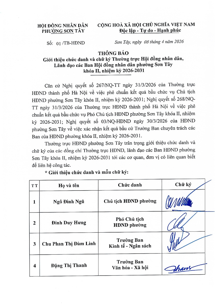 Thông báo Giới thiệu chức danh và chữ ký Thường trực Hội đồng nhân dân, Lãnh đạo các Ban Hội đồng nhân dân phường Sơn Tây khóa II, nhiệm kỳ 2026-2031- Ảnh 1.