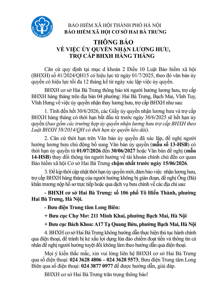 Thông báo thời hạn ủy quyền lĩnh vực lương hưu và trợ cấp BHXH hằng tháng.- Ảnh 2.
