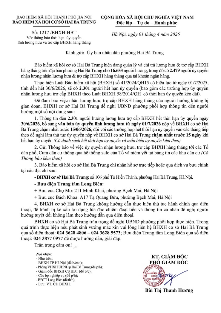 Thông báo thời hạn ủy quyền lĩnh vực lương hưu và trợ cấp BHXH hằng tháng.- Ảnh 1.