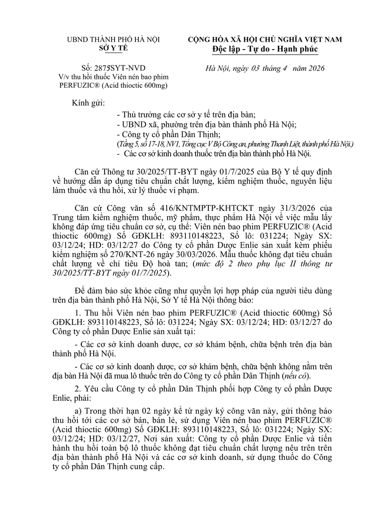 Thông báo thu hồi thuốc Viên nén bao phim PERFUZIC® (Acid thioctic 600mg)- Ảnh 1.
