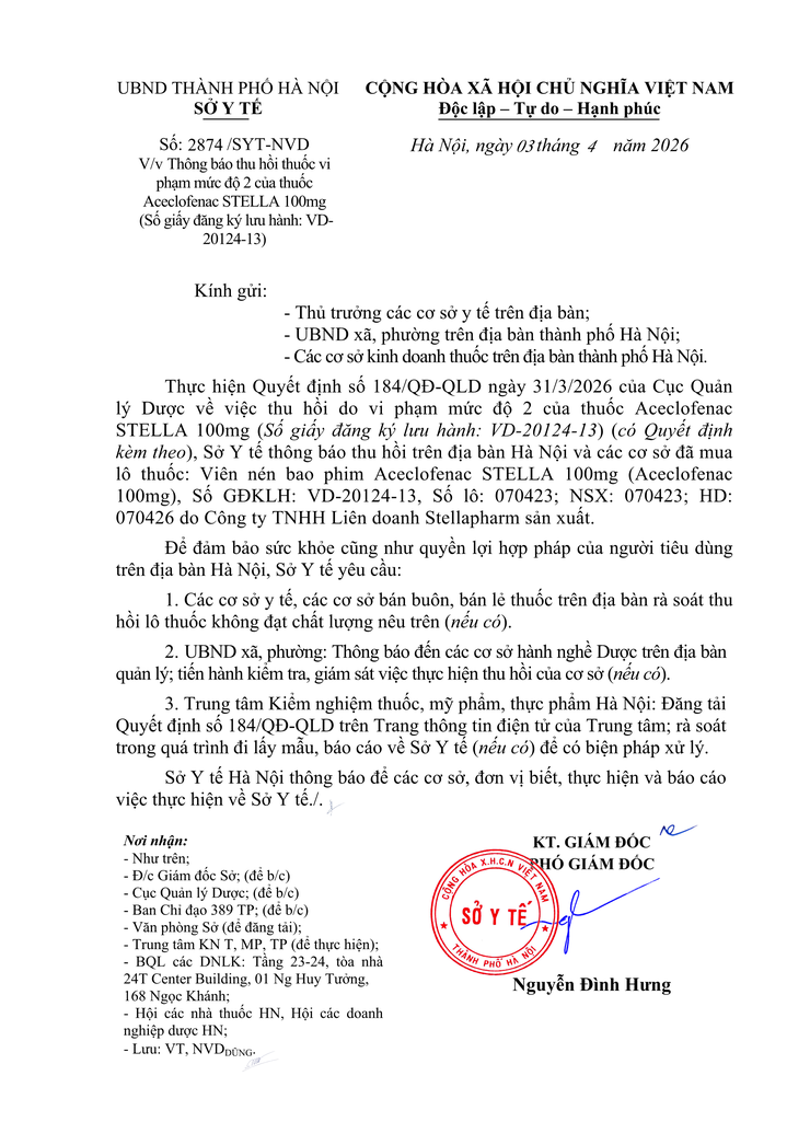 Thông báo thu hồi thuốc vi phạm mức độ 2 của thuốc
Aceclofenac STELLA 100mg- Ảnh 1.