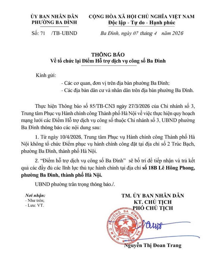 Thông báo tổ chức lại Điểm Hỗ trợ dịch vụ công số Ba Đình- Ảnh 1.