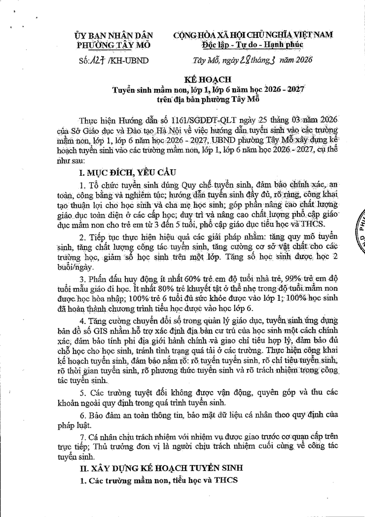 Kế hoạch tuyển sinh vào các trường mầm non, lớp 1 và lớp 6 năm học 2026 - 2027 trên địa bàn phường Tây Mỗ- Ảnh 1.