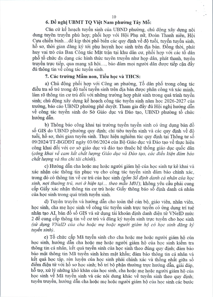 Kế hoạch tuyển sinh vào các trường mầm non, lớp 1 và lớp 6 năm học 2026 - 2027 trên địa bàn phường Tây Mỗ- Ảnh 10.