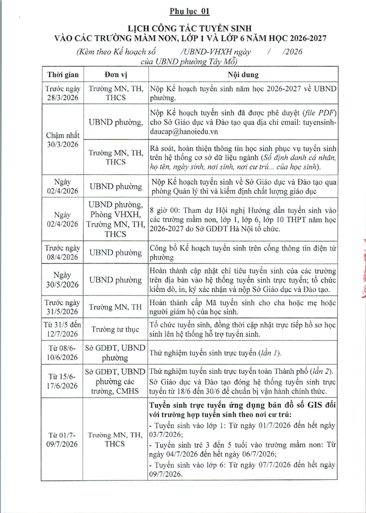 Kế hoạch tuyển sinh vào các trường mầm non, lớp 1 và lớp 6 năm học 2026 - 2027 trên địa bàn phường Tây Mỗ- Ảnh 13.