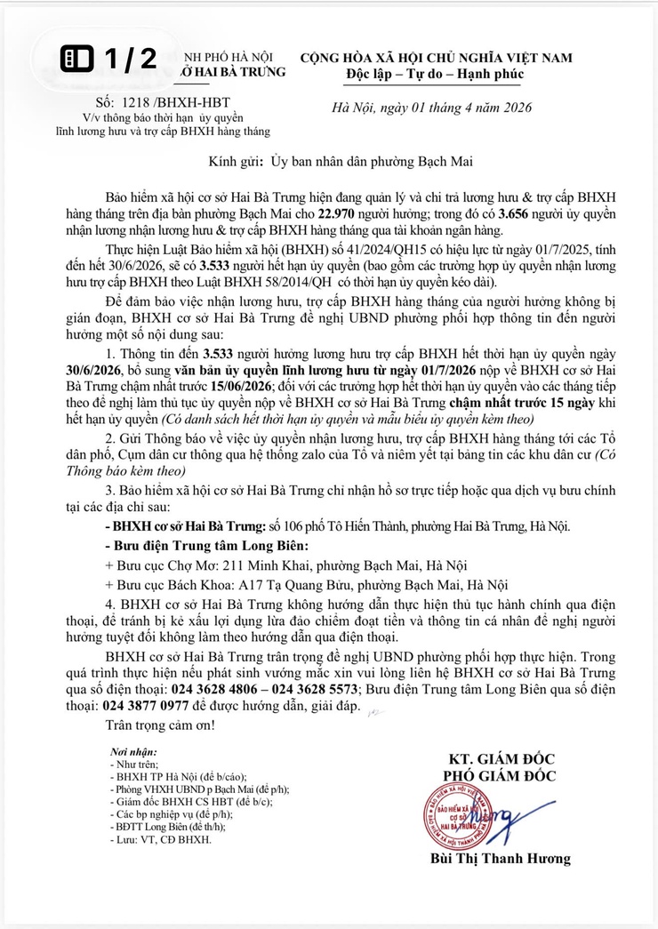 Thông báo thời hạn  ủy quyền lĩnh lương hưu và trợ cấp BHXH hàng tháng- Ảnh 1.