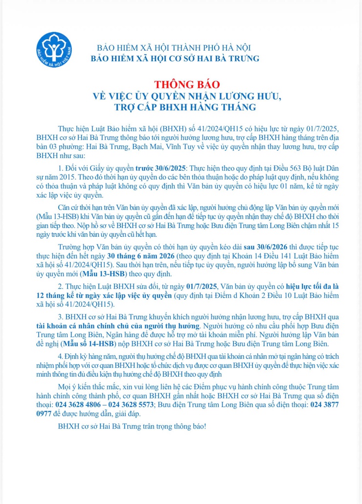 Thông báo thời hạn  ủy quyền lĩnh lương hưu và trợ cấp BHXH hàng tháng- Ảnh 2.