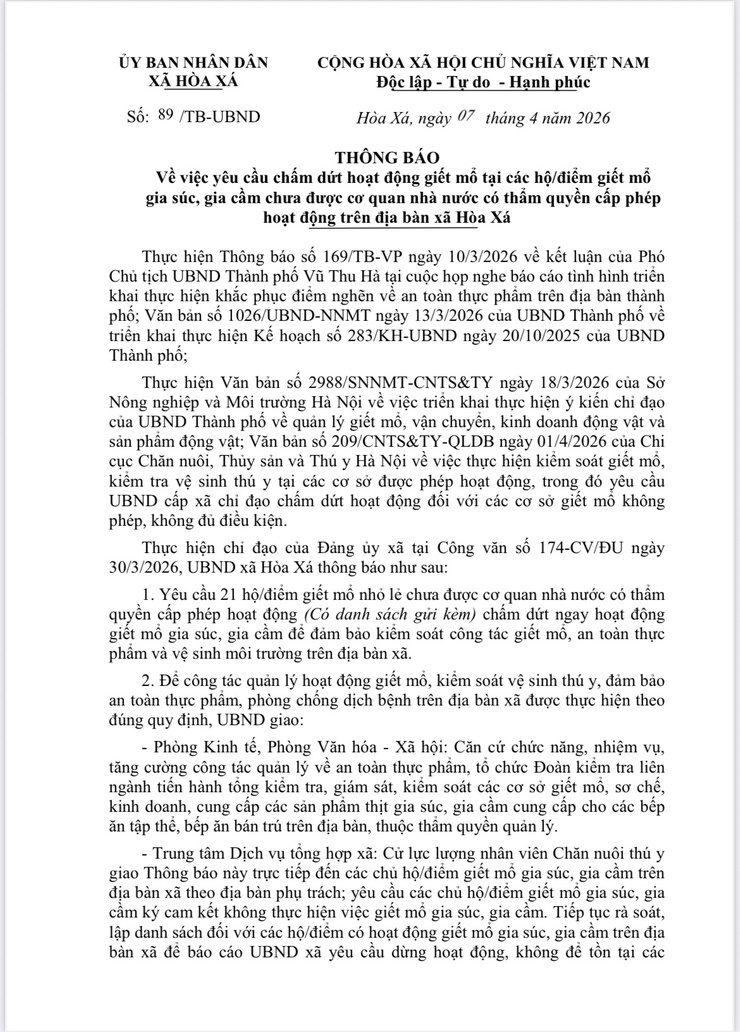 Thông Báo Về việc chấm dứt hoạt động giết mổ gia súc, gia cầm không phép trên địa bàn xã Hòa Xá- Ảnh 1.