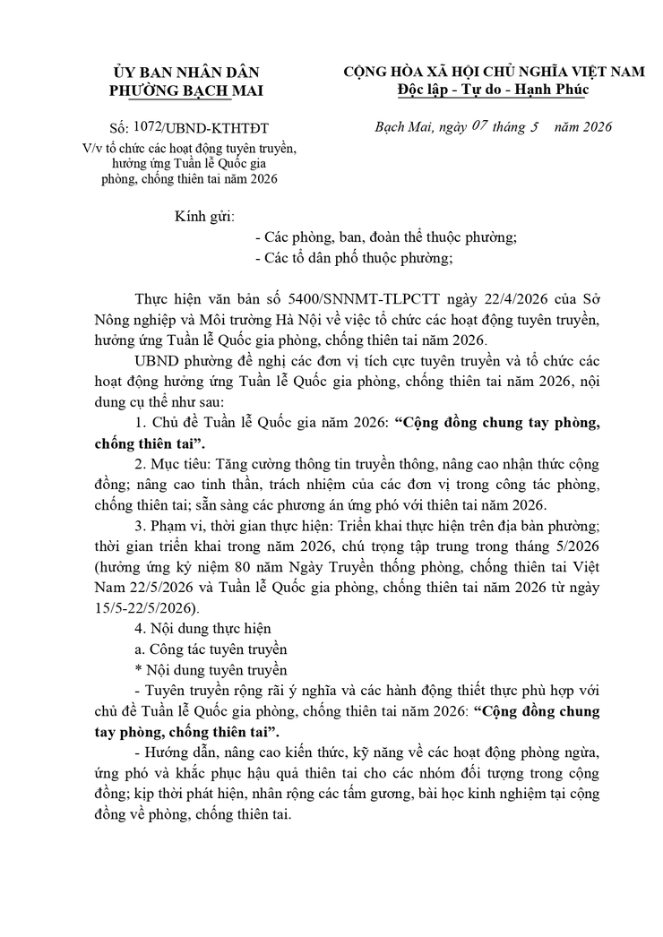 Công văn số 1072/UBND-KTHTĐT ngày 07/05/2026 về việc tổ chức các hoạt động tuyên truyền, hưởng ứng Tuần lễ Quốc gia phòng, chống thiên tai năm 2026- Ảnh 1.