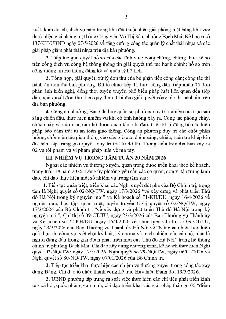 Báo cáo 172/BC-ĐU ngày 08/05/2026 của Đảng uỷ phường Bạch Mai về Công tác lãnh đạo, chỉ đạo của Đảng ủy tuần 19 (từ ngày 02/5/2026 đến ngày 08/5/2026), nhiệm vụ trọng tâm tuần 20 năm 2026- Ảnh 3.
