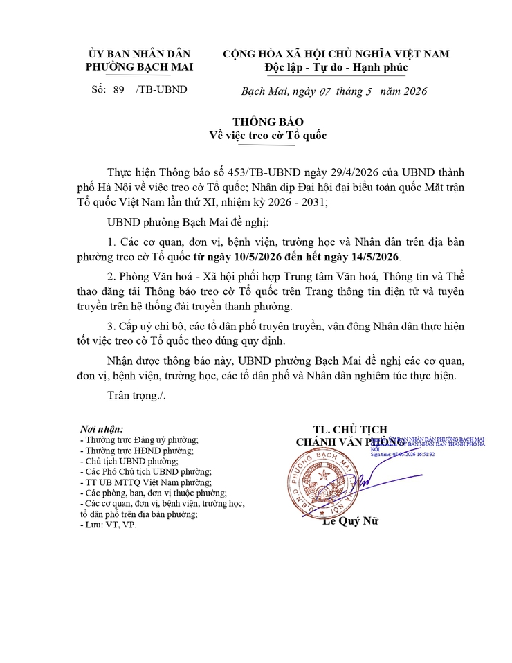Thông báo 89/TB-UBND ngày 07/05/2026 của UBND phường Bạch Mai về việc treo cờ Tổ quốc Nhân dịp Đại hội đại biểu toàn quốc Mặt trận Tổ quốc Việt Nam lần thứ XI, nhiệm kỳ 2026 - 2031- Ảnh 1.