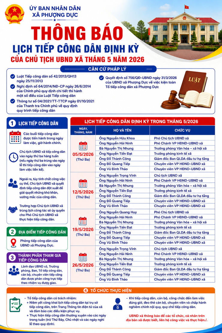 Thông báo lịch tiếp công dân định kỳ của Chủ tịch UBND xã tháng 5 năm 2026- Ảnh 1.